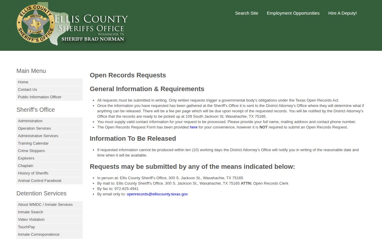 Ellis County booking record request page
