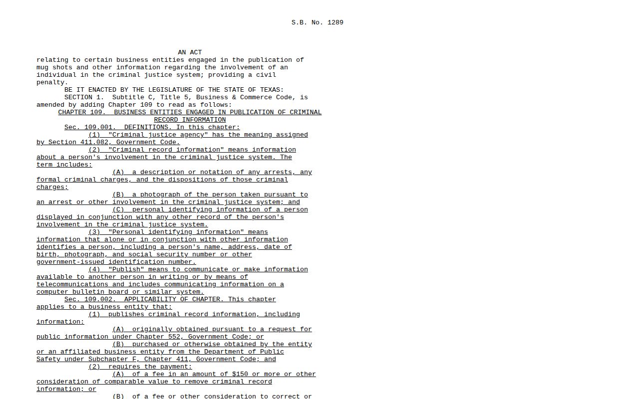 Texas law affecting Ellis County booking records